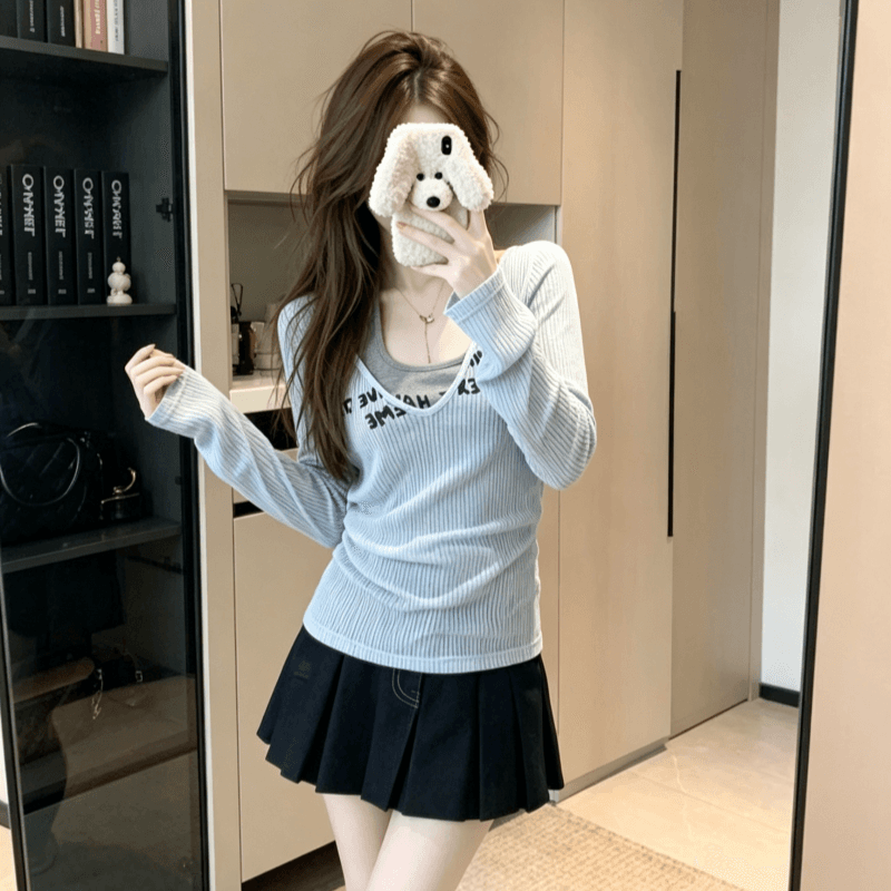 실사 순수한 욕망 스택 착용 행침 목 조끼 긴팔 티셔츠 여성 여름 홀로우 아웃 자외선 차단 블라우스 슬립 투피스 세트 이미지 4