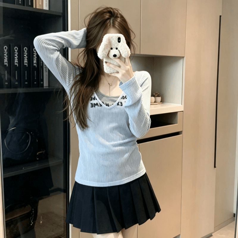 실사 순수한 욕망 스택 착용 행침 목 조끼 긴팔 티셔츠 여성 여름 홀로우 아웃 자외선 차단 블라우스 슬립 투피스 세트 이미지 2