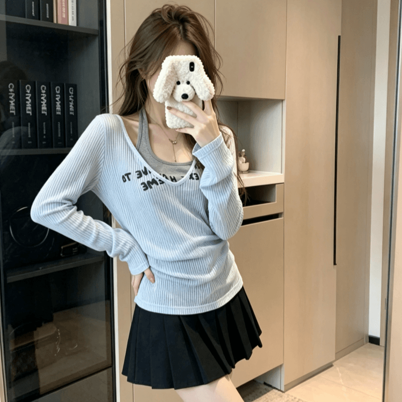 실사 순수한 욕망 스택 착용 행침 목 조끼 긴팔 티셔츠 여성 여름 홀로우 아웃 자외선 차단 블라우스 슬립 투피스 세트 이미지 3