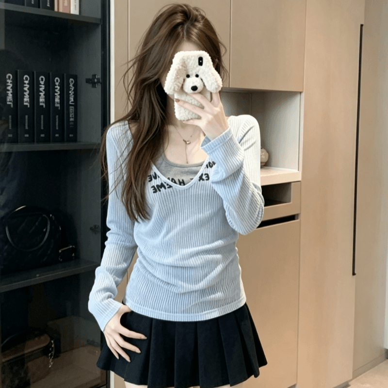 실사 순수한 욕망 스택 착용 행침 목 조끼 긴팔 티셔츠 여성 여름 홀로우 아웃 자외선 차단 블라우스 슬립 투피스 세트 상세 이미지 5