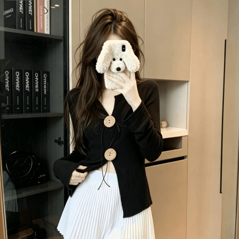 실사 아메리칸 레트로 V넥 긴팔 몸매 가꾸기 슬림해 보이는 트임 디자인 센스 검정색 품격 맨위 이미지 2