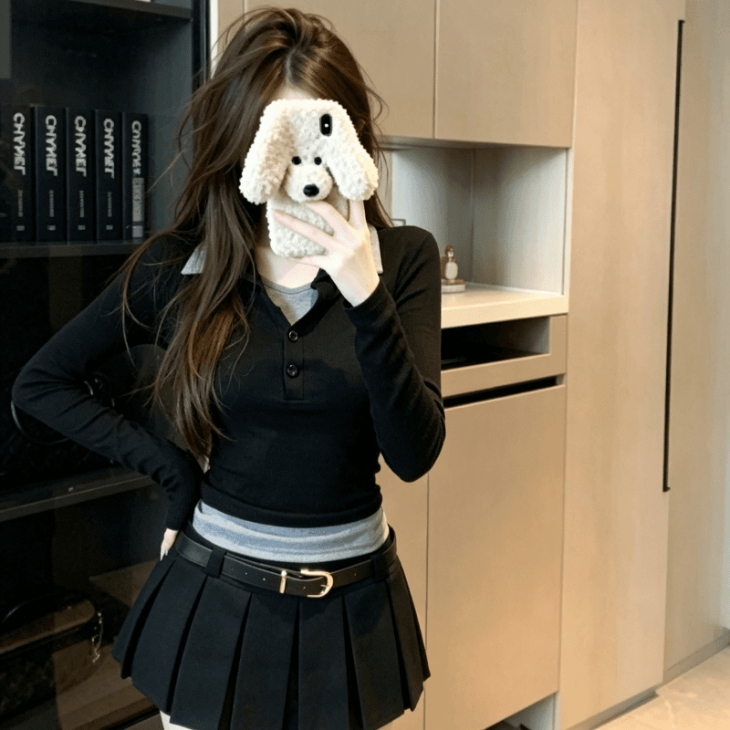 실사 배색 패치워크 페이크 레이어드 폴로 칼라 긴팔 티셔츠 여성 가을 몸매 가꾸기 슬림해 보이는 쇼트 스타일 맨위 이미지 5