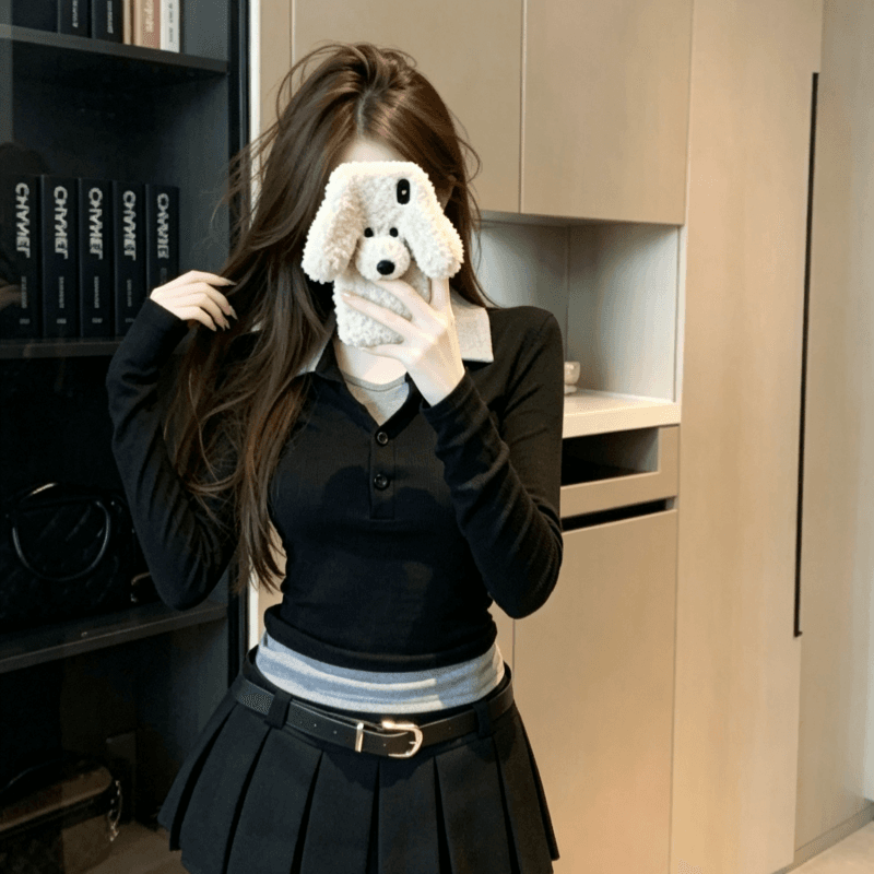 실사 배색 패치워크 페이크 레이어드 폴로 칼라 긴팔 티셔츠 여성 가을 몸매 가꾸기 슬림해 보이는 쇼트 스타일 맨위 이미지 4