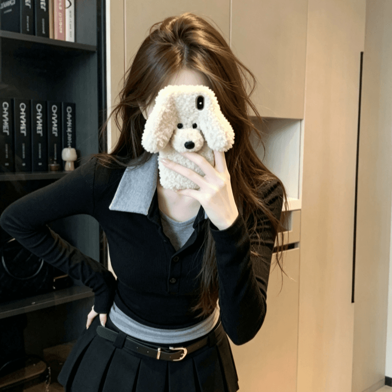 실사 배색 패치워크 페이크 레이어드 폴로 칼라 긴팔 티셔츠 여성 가을 몸매 가꾸기 슬림해 보이는 쇼트 스타일 맨위 이미지 3