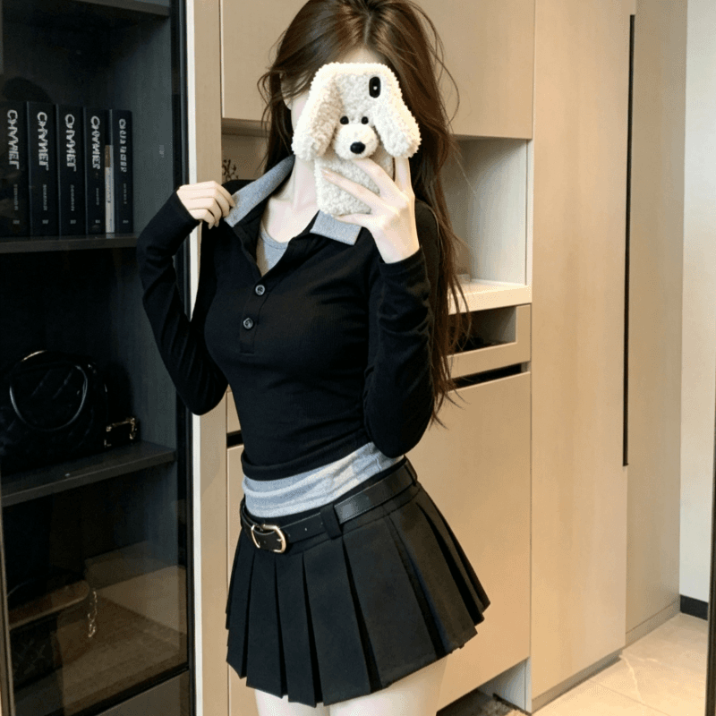 실사 배색 패치워크 페이크 레이어드 폴로 칼라 긴팔 티셔츠 여성 가을 몸매 가꾸기 슬림해 보이는 쇼트 스타일 맨위 상세 이미지 3