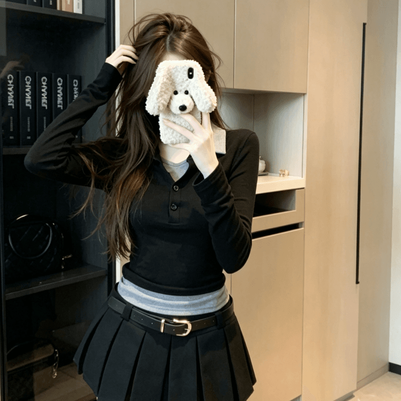 실사 배색 패치워크 페이크 레이어드 폴로 칼라 긴팔 티셔츠 여성 가을 몸매 가꾸기 슬림해 보이는 쇼트 스타일 맨위 상세 이미지 6