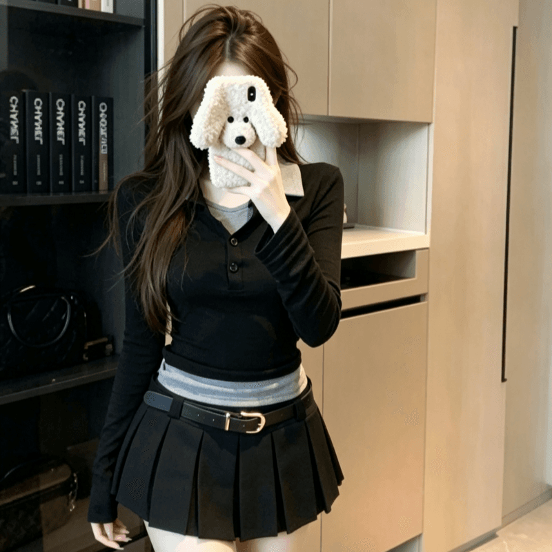 실사 배색 패치워크 페이크 레이어드 폴로 칼라 긴팔 티셔츠 여성 가을 몸매 가꾸기 슬림해 보이는 쇼트 스타일 맨위 상세 이미지 7