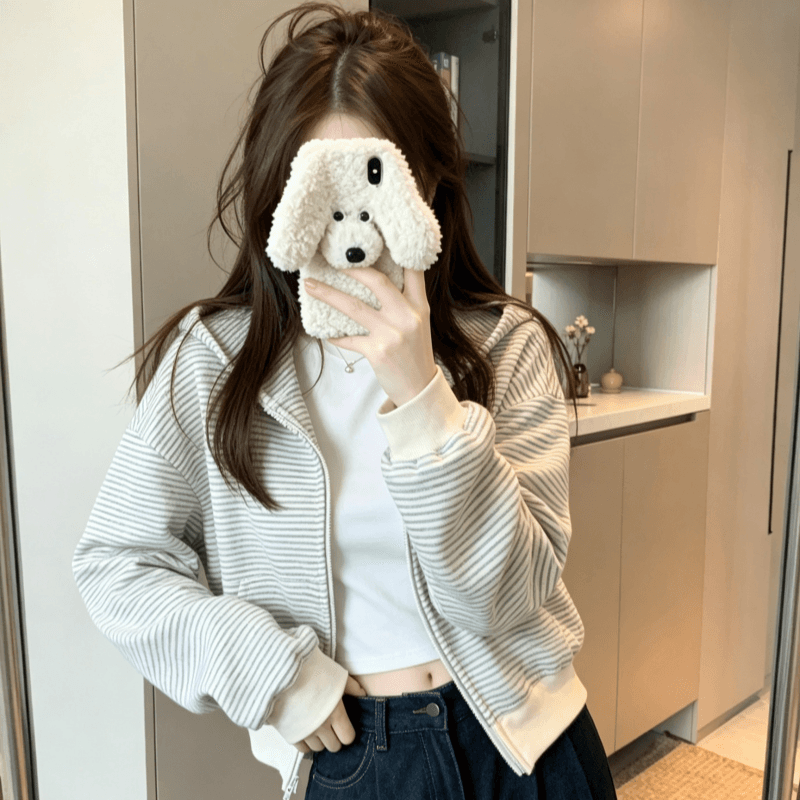 실사 2026 가을 겨울 새로운 레트로 스트라이프 오픈 가디건 후드 티 스웨터 여성 루즈핏 털이 있고 두꺼운 재킷 이미지 2