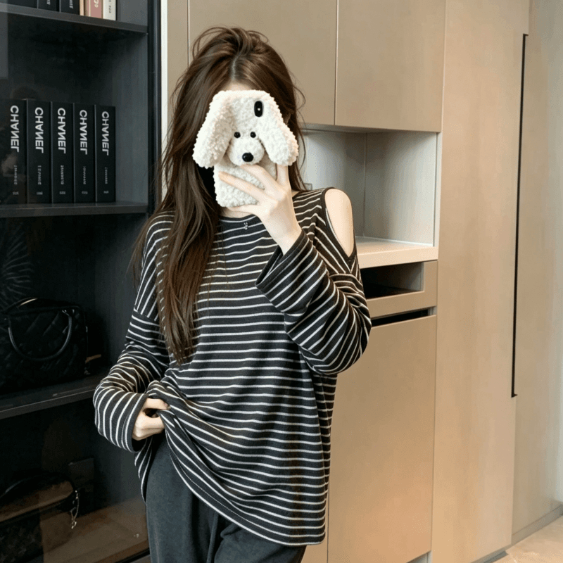 실사 느긋한 디자인 오프숄더 긴팔 티셔츠 여성 도루 센스 스트라이프 루즈핏 중간 길이 트임 맨위