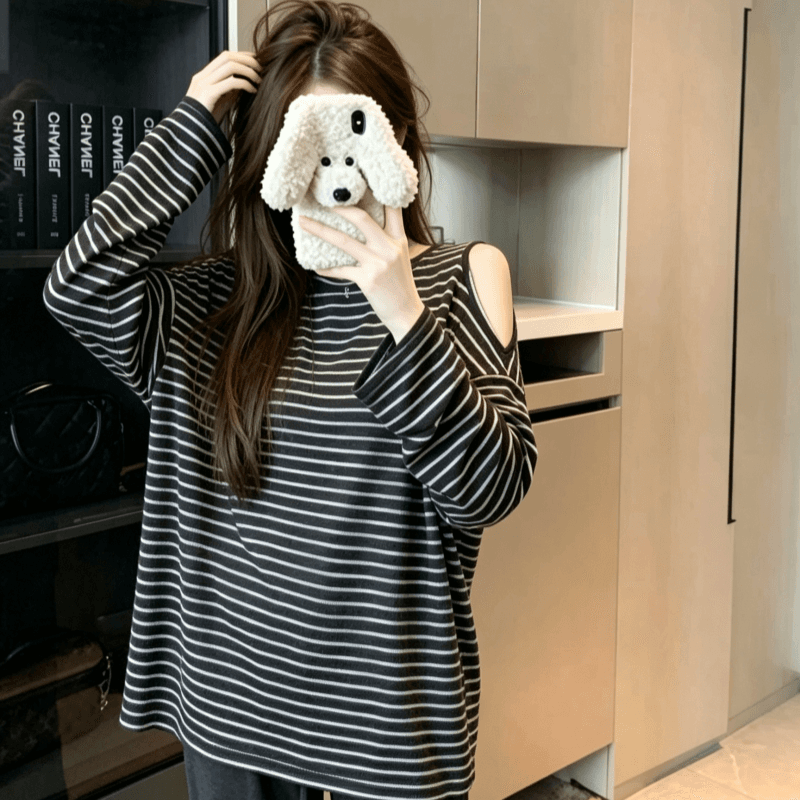 실사 느긋한 디자인 오프숄더 긴팔 티셔츠 여성 도루 센스 스트라이프 루즈핏 중간 길이 트임 맨위 이미지 3