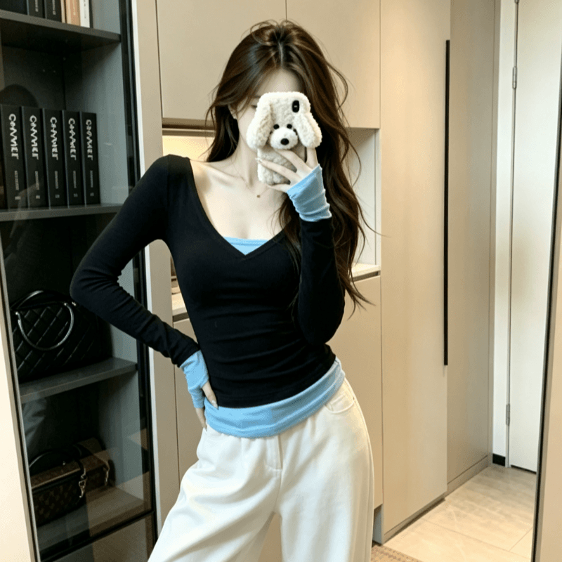 실사 페이크 레이어드 V넥 긴팔 티셔츠 여성 2026 새로운 이른 봄 몸매 가꾸기 인사이드 가져 가라. 기본 셔츠 작은 맨위 이미지 4