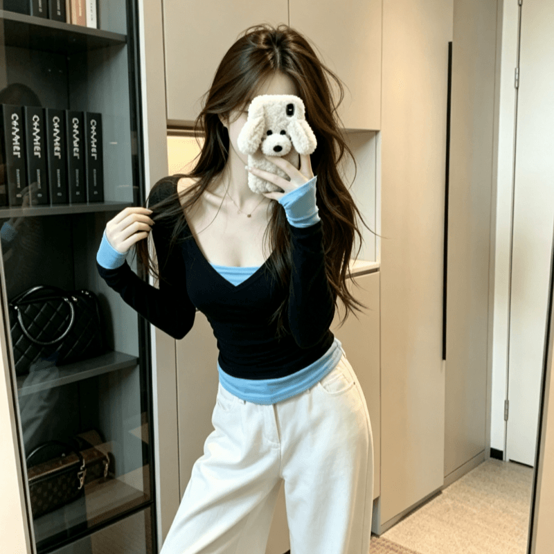 실사 페이크 레이어드 V넥 긴팔 티셔츠 여성 2026 새로운 이른 봄 몸매 가꾸기 인사이드 가져 가라. 기본 셔츠 작은 맨위 상세 이미지 3