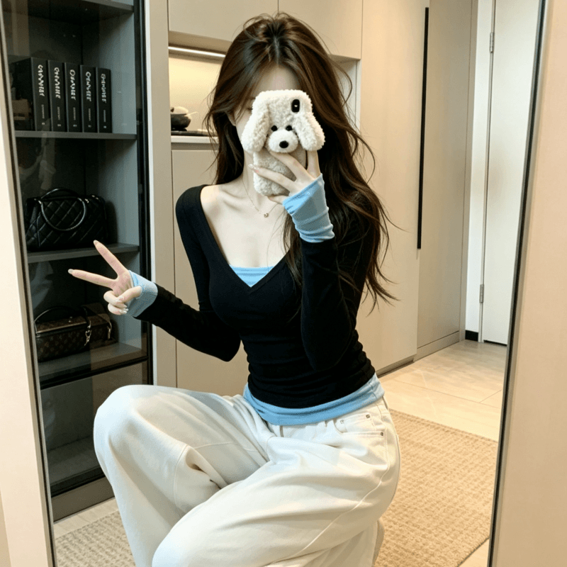 실사 페이크 레이어드 V넥 긴팔 티셔츠 여성 2026 새로운 이른 봄 몸매 가꾸기 인사이드 가져 가라. 기본 셔츠 작은 맨위 상세 이미지 5