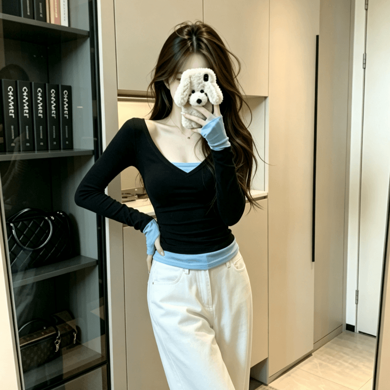 실사 페이크 레이어드 V넥 긴팔 티셔츠 여성 2026 새로운 이른 봄 몸매 가꾸기 인사이드 가져 가라. 기본 셔츠 작은 맨위 상세 이미지 6