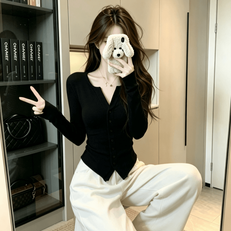 실사 가을 겨울 소녀 새로운 티셔츠 레트로 인사이드 가져 가라. 긴팔 기본 셔츠 몸매 가꾸기 긴팔 De 플러시 맨위 이미지 4