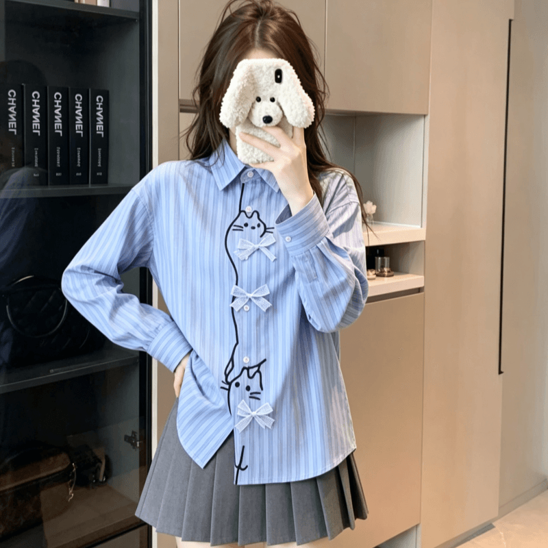 실사 만화 자수 폴로 칼라 체크무늬 긴팔 여성 셔츠 가을 루즈핏 캐주얼 배색 오픈 가디건 맨위