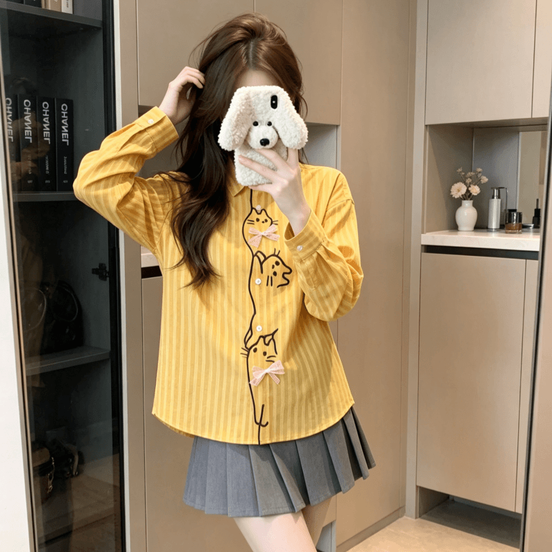 실사 만화 자수 폴로 칼라 체크무늬 긴팔 여성 셔츠 가을 루즈핏 캐주얼 배색 오픈 가디건 맨위 이미지 2