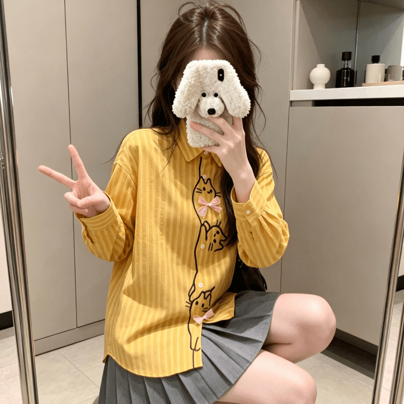 실사 만화 자수 폴로 칼라 체크무늬 긴팔 여성 셔츠 가을 루즈핏 캐주얼 배색 오픈 가디건 맨위 이미지 4