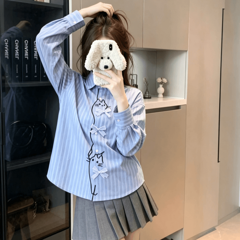 실사 만화 자수 폴로 칼라 체크무늬 긴팔 여성 셔츠 가을 루즈핏 캐주얼 배색 오픈 가디건 맨위 상세 이미지 2