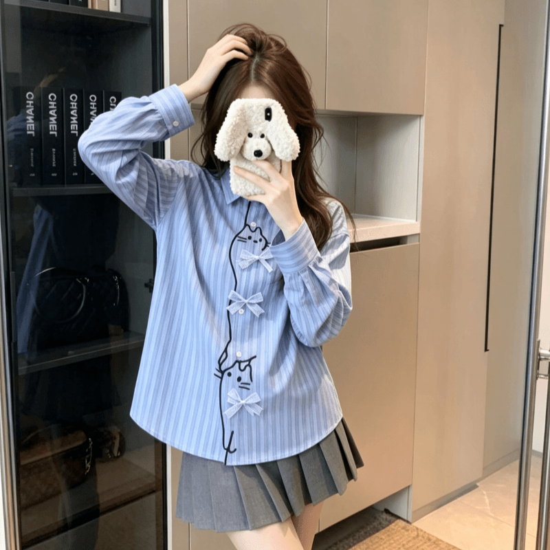 실사 만화 자수 폴로 칼라 체크무늬 긴팔 여성 셔츠 가을 루즈핏 캐주얼 배색 오픈 가디건 맨위 상세 이미지 4
