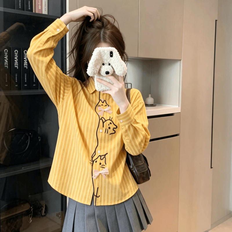실사 만화 자수 폴로 칼라 체크무늬 긴팔 여성 셔츠 가을 루즈핏 캐주얼 배색 오픈 가디건 맨위 상세 이미지 7