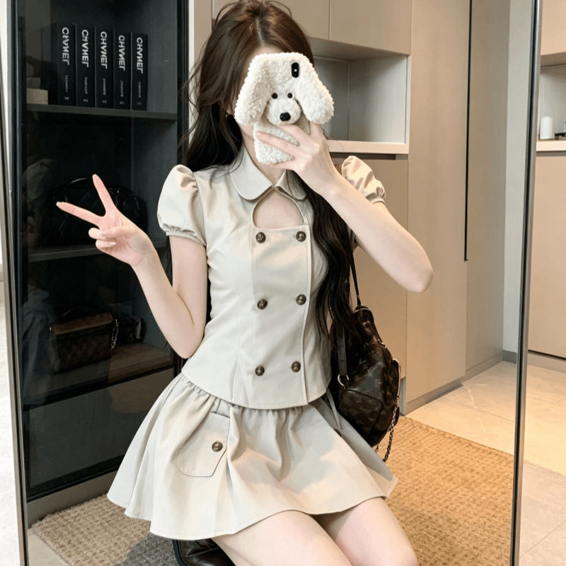실사 베이비 칼라 홀로우 아웃 셔츠 세트 여성 여름 레트로 거품 소매 이중 버튼 퍼프 미니 스커트 투피스 세트 이미지 2