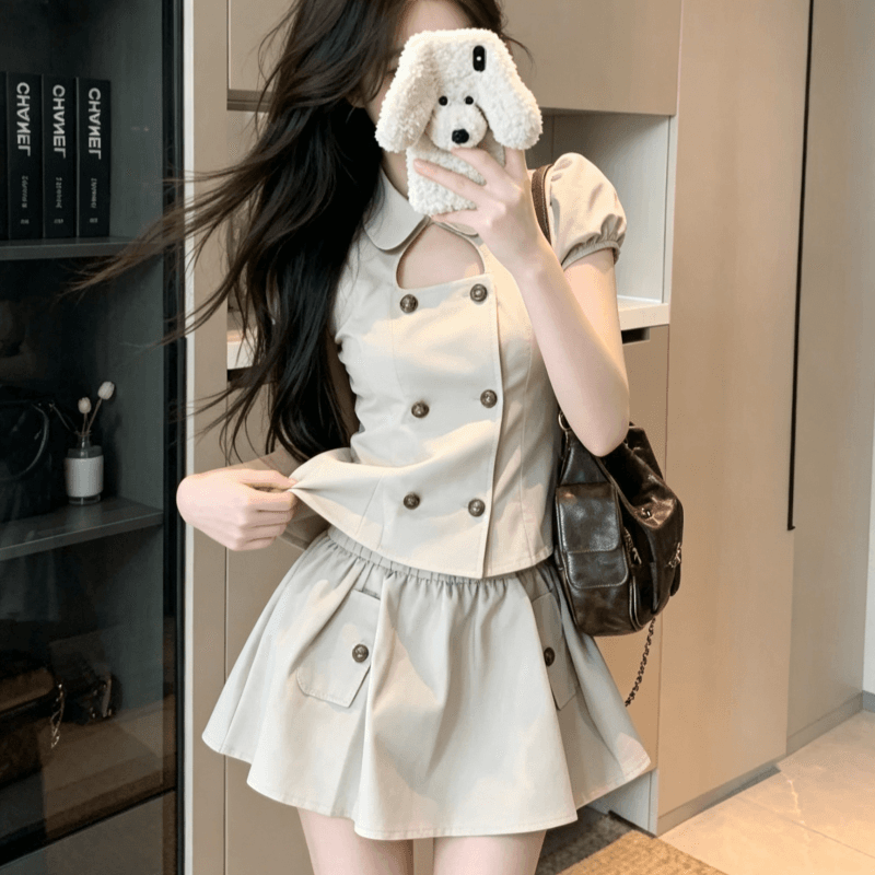 실사 베이비 칼라 홀로우 아웃 셔츠 세트 여성 여름 레트로 거품 소매 이중 버튼 퍼프 미니 스커트 투피스 세트 상세 이미지 5