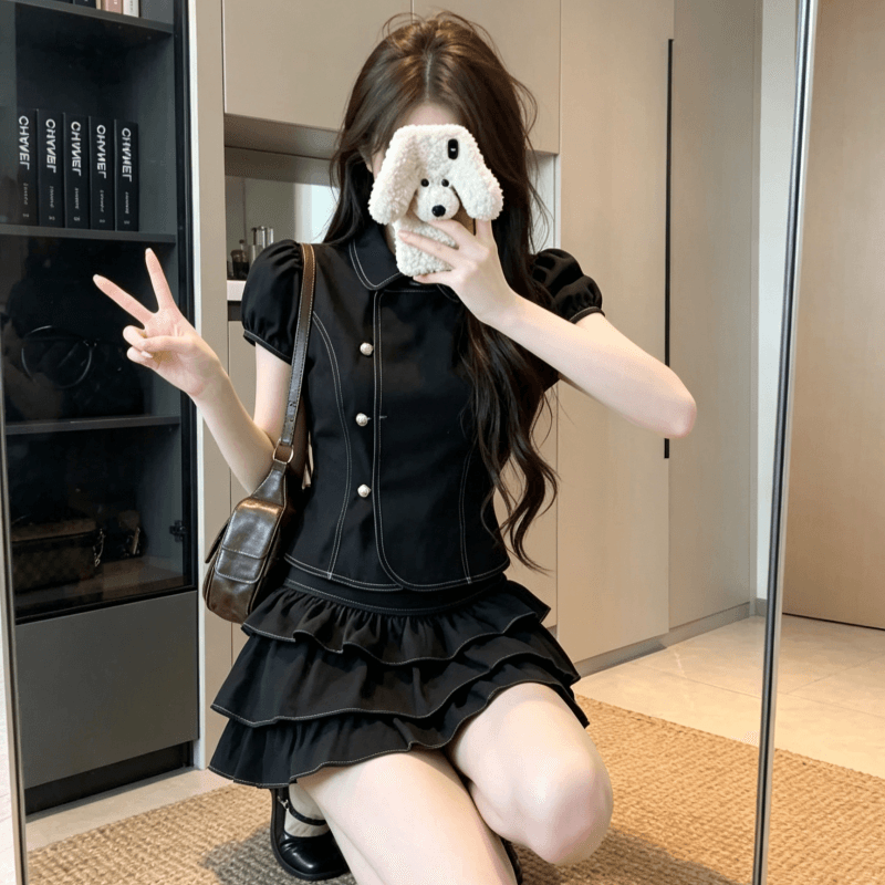 실사 소녀 센스 세트 여성 여름 한 부서 레트로 베이비 칼라 반팔 셔츠 케이크 반신 스커트 투피스 세트 이미지 2