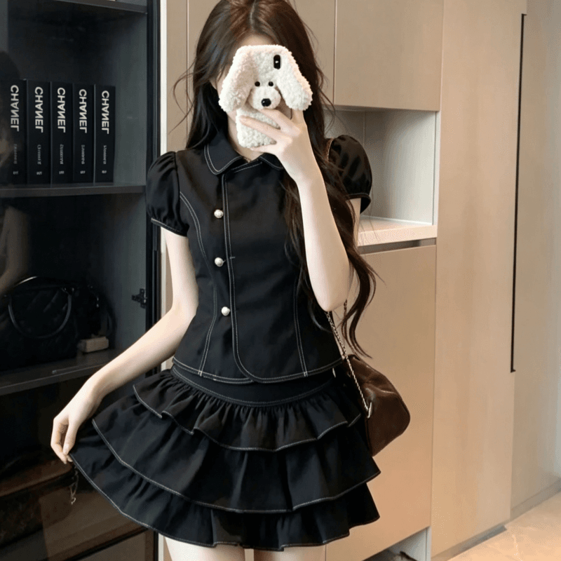 실사 소녀 센스 세트 여성 여름 한 부서 레트로 베이비 칼라 반팔 셔츠 케이크 반신 스커트 투피스 세트 이미지 5