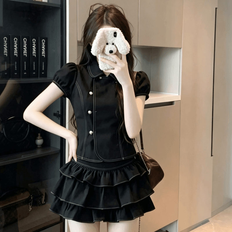 실사 소녀 센스 세트 여성 여름 한 부서 레트로 베이비 칼라 반팔 셔츠 케이크 반신 스커트 투피스 세트 상세 이미지 3