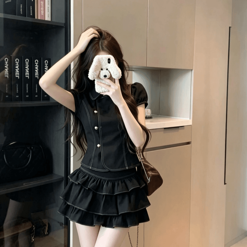 실사 소녀 센스 세트 여성 여름 한 부서 레트로 베이비 칼라 반팔 셔츠 케이크 반신 스커트 투피스 세트 상세 이미지 4