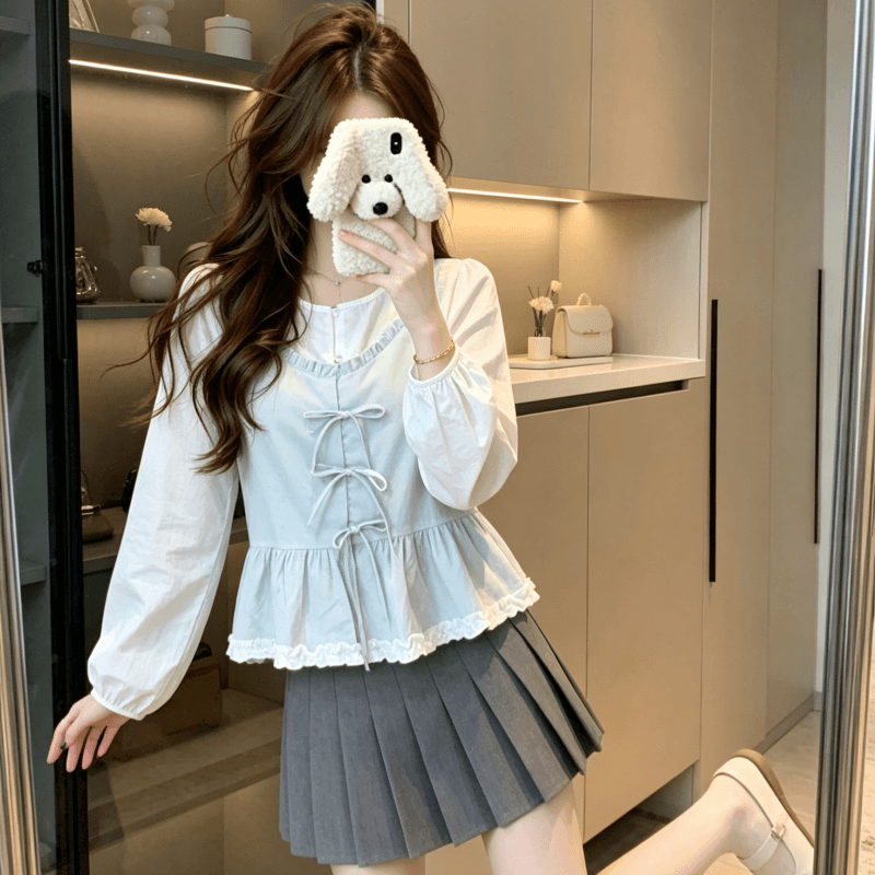 실사 한 부서 달콤함 페이크 레이어드 여성 셔츠 2026 봄 여름 새로운 Chic 디자인 센스 나비 매듭 연령 감소 맨위 이미지 5