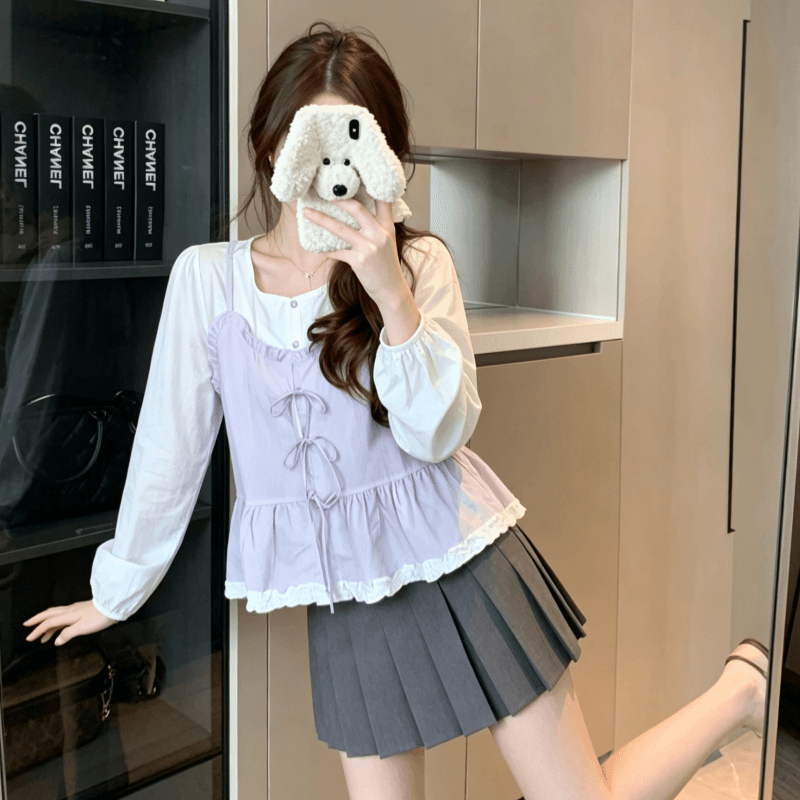 실사 한 부서 달콤함 페이크 레이어드 여성 셔츠 2026 봄 여름 새로운 Chic 디자인 센스 나비 매듭 연령 감소 맨위 상세 이미지 2