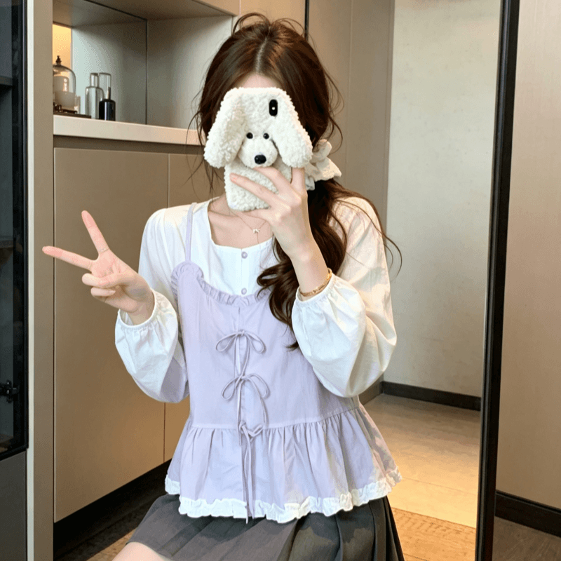 실사 한 부서 달콤함 페이크 레이어드 여성 셔츠 2026 봄 여름 새로운 Chic 디자인 센스 나비 매듭 연령 감소 맨위 상세 이미지 3