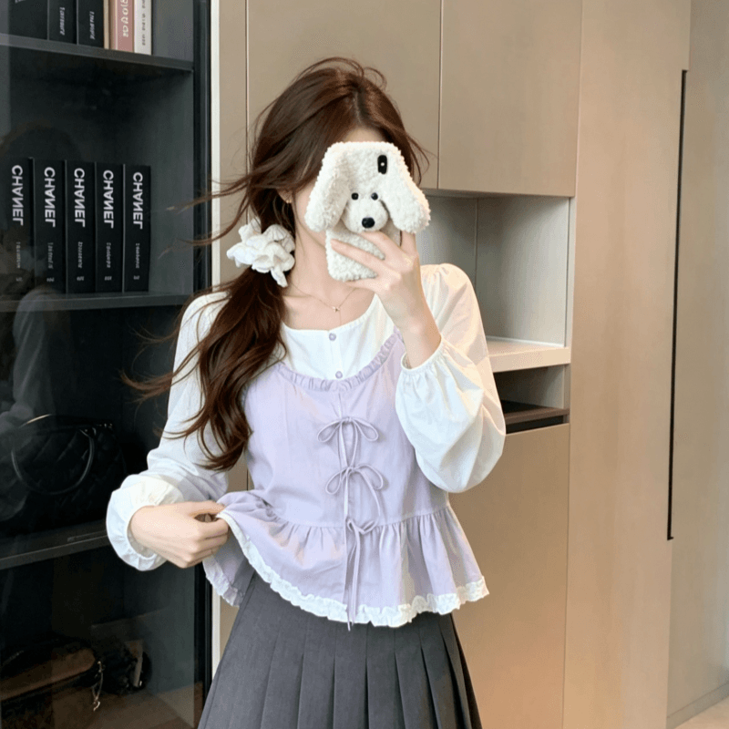 실사 한 부서 달콤함 페이크 레이어드 여성 셔츠 2026 봄 여름 새로운 Chic 디자인 센스 나비 매듭 연령 감소 맨위 상세 이미지 5