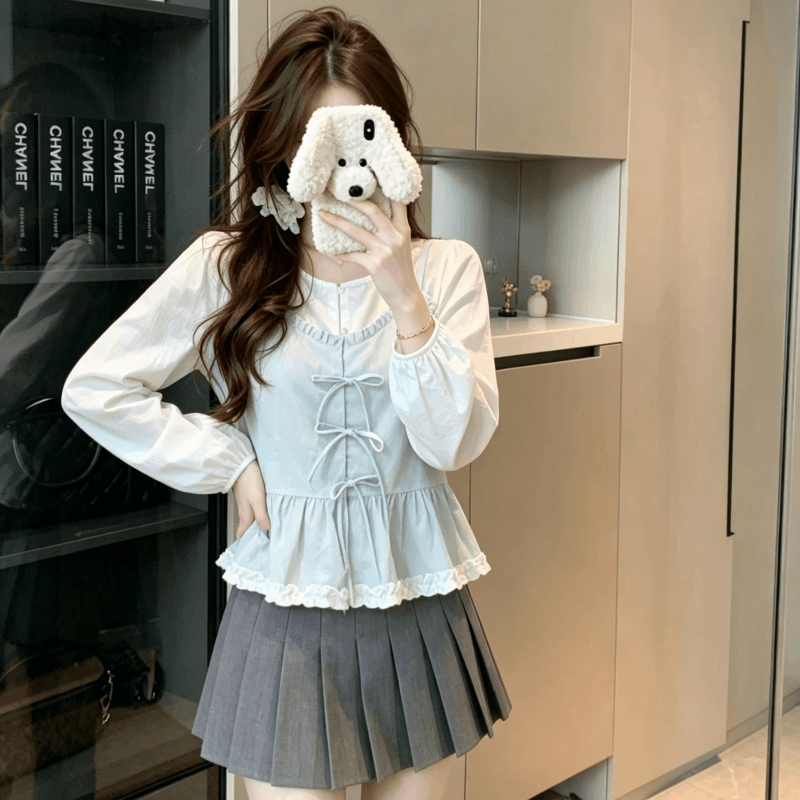 실사 한 부서 달콤함 페이크 레이어드 여성 셔츠 2026 봄 여름 새로운 Chic 디자인 센스 나비 매듭 연령 감소 맨위 상세 이미지 8