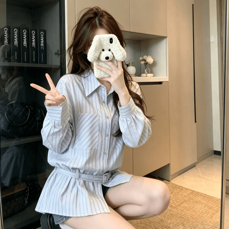실사 여성 셔츠 봄 재킷 프랑스식 맨위 고급 고유 한 Chic 긴팔 루즈핏 스트라이프 셔츠 여성 2026 이미지 3