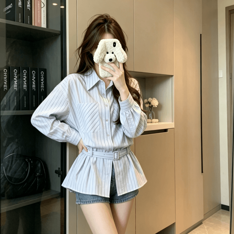 실사 여성 셔츠 봄 재킷 프랑스식 맨위 고급 고유 한 Chic 긴팔 루즈핏 스트라이프 셔츠 여성 2026 이미지 4