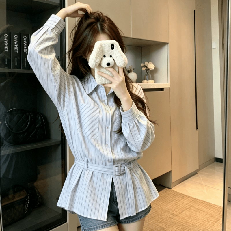 실사 여성 셔츠 봄 재킷 프랑스식 맨위 고급 고유 한 Chic 긴팔 루즈핏 스트라이프 셔츠 여성 2026 이미지 5