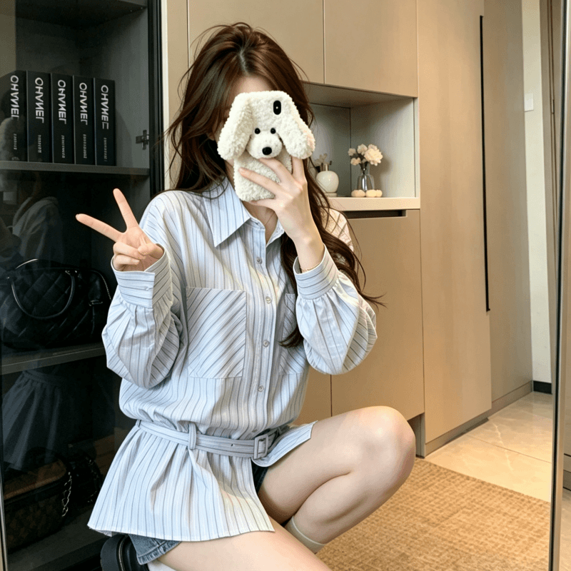 실사 여성 셔츠 봄 재킷 프랑스식 맨위 고급 고유 한 Chic 긴팔 루즈핏 스트라이프 셔츠 여성 2026 상세 이미지 7
