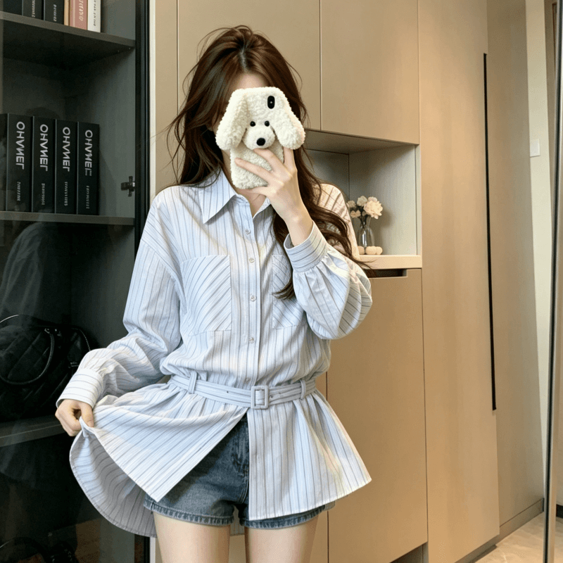 실사 여성 셔츠 봄 재킷 프랑스식 맨위 고급 고유 한 Chic 긴팔 루즈핏 스트라이프 셔츠 여성 2026 상세 이미지 9