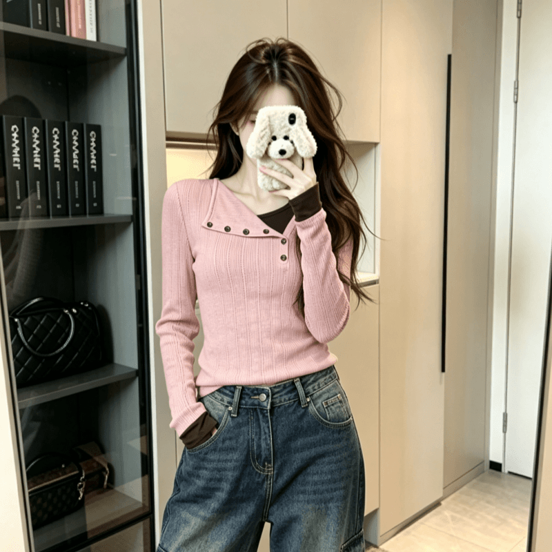 실사 긴팔 티셔츠 기본 셔츠 여성 얇은 쇼트 스타일 인사이드 가져 가라. 봄 가을 새로운 페이크 레이어드 폴로 칼라 맨위 상세 이미지 5