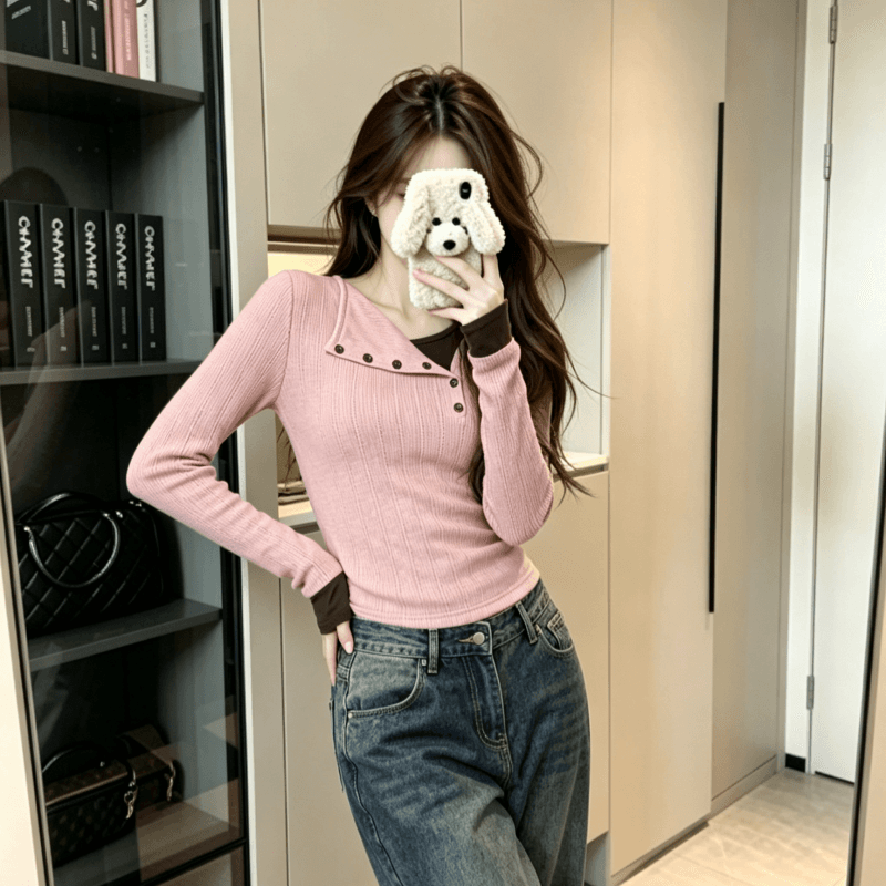 실사 긴팔 티셔츠 기본 셔츠 여성 얇은 쇼트 스타일 인사이드 가져 가라. 봄 가을 새로운 페이크 레이어드 폴로 칼라 맨위 상세 이미지 6