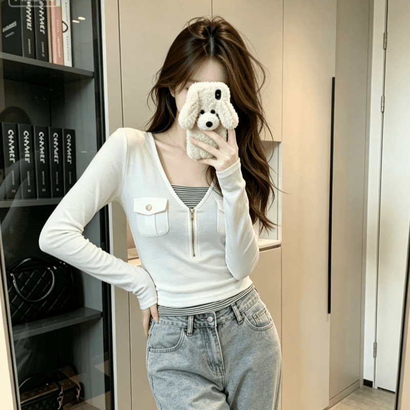 실사 모달 긴팔 티셔츠 여성 의류 봄 가을 새로운 지퍼 몸매 가꾸기 기본 셔츠 페이크 레이어드 맨위 이미지 3