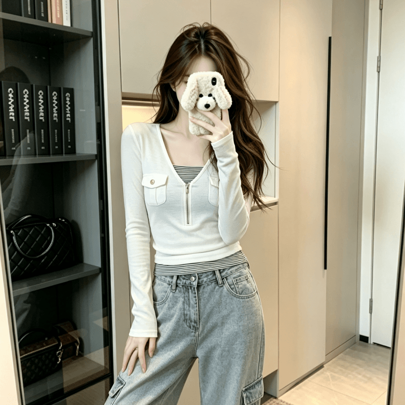 실사 모달 긴팔 티셔츠 여성 의류 봄 가을 새로운 지퍼 몸매 가꾸기 기본 셔츠 페이크 레이어드 맨위 상세 이미지 3