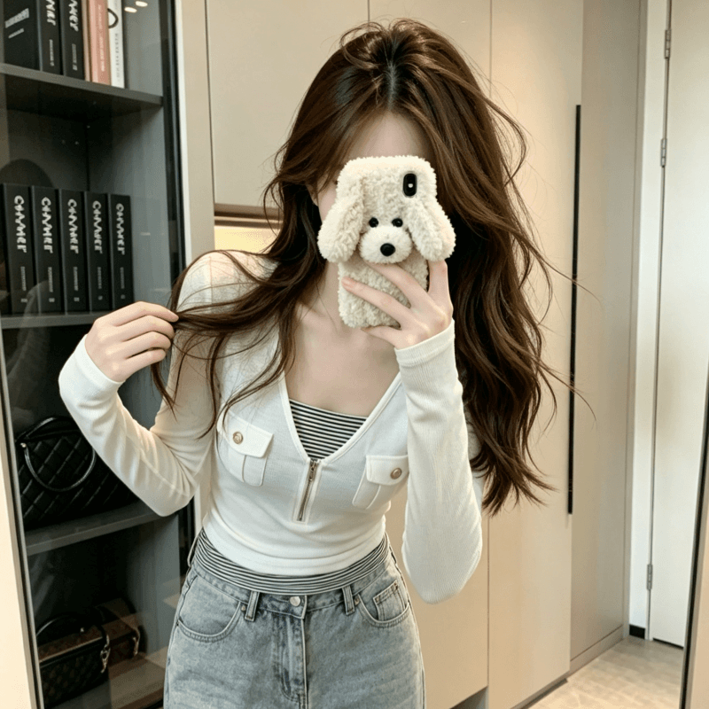 실사 모달 긴팔 티셔츠 여성 의류 봄 가을 새로운 지퍼 몸매 가꾸기 기본 셔츠 페이크 레이어드 맨위 상세 이미지 4