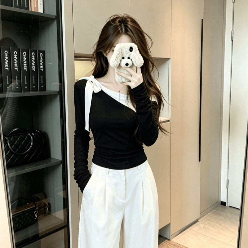 실사 검정색 비스듬한 어깨 니트 맨위 여성 고급 센스 인사이드 가져 가라. 기본 셔츠 이른 가을 작은 대중 디자인 센스 상세 이미지 5