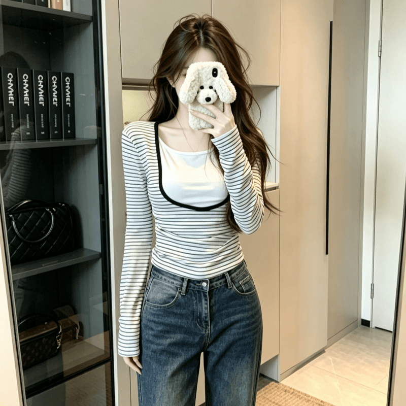 실사 배색 스트라이프 패치워크 페이크 레이어드 긴팔 티셔츠 여성 가을 인사이드 가져 가라. 기본 셔츠 몸매 가꾸기 슬림해 보이는 맨위