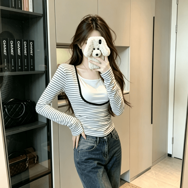 실사 배색 스트라이프 패치워크 페이크 레이어드 긴팔 티셔츠 여성 가을 인사이드 가져 가라. 기본 셔츠 몸매 가꾸기 슬림해 보이는 맨위 이미지 5