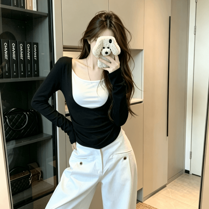 실사 배색 스트라이프 패치워크 페이크 레이어드 긴팔 티셔츠 여성 가을 인사이드 가져 가라. 기본 셔츠 몸매 가꾸기 슬림해 보이는 맨위 이미지 4